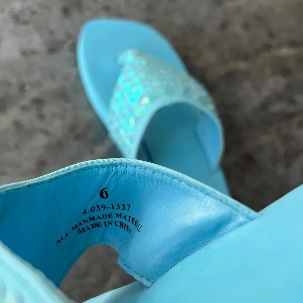 Vintage Y2K Aqua Blue Sequin Platform Flip Flops Sandals Women's 6 Disco 2000s